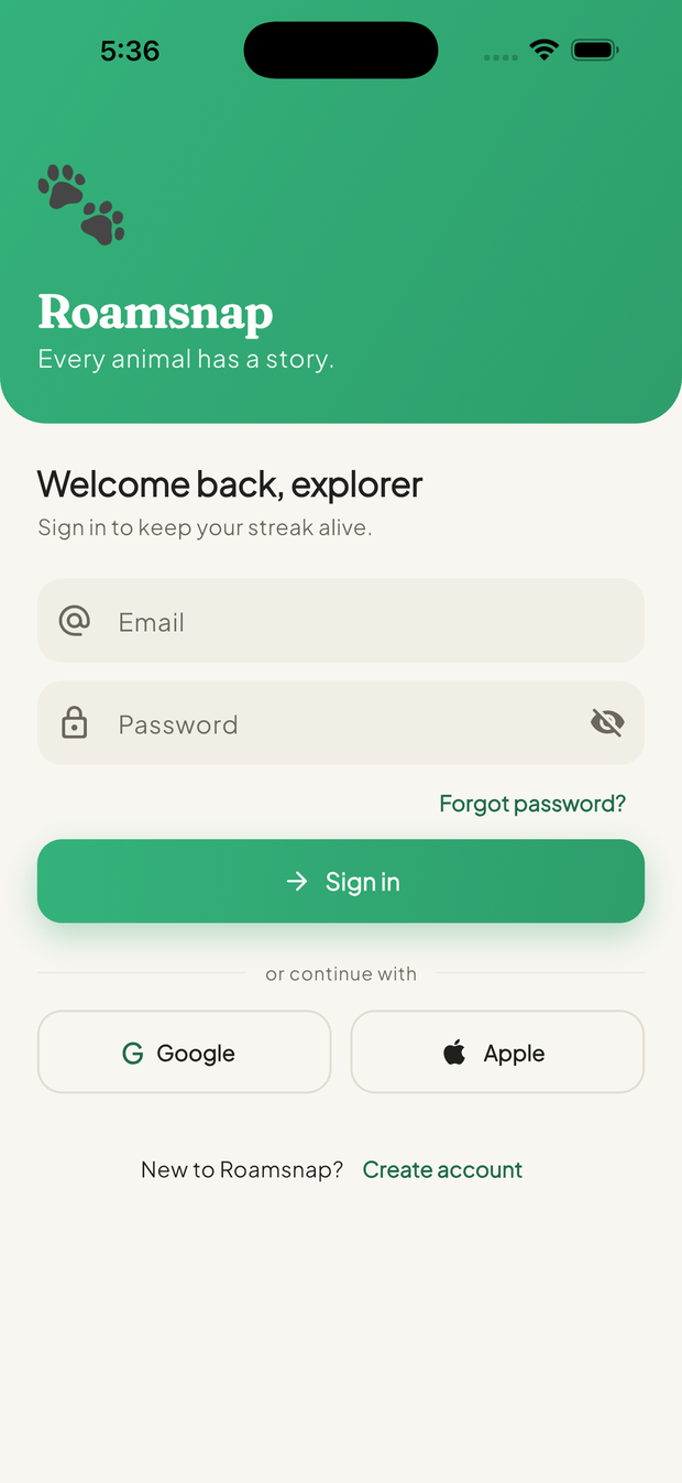 The Roamsnap sign-in screen